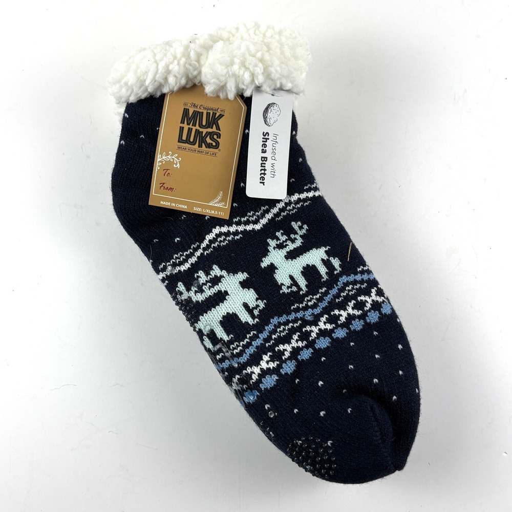 New Muk Luks Slipper Socks Womens L/XL Navy Blue Reindeer Sherpa Cabin Socks